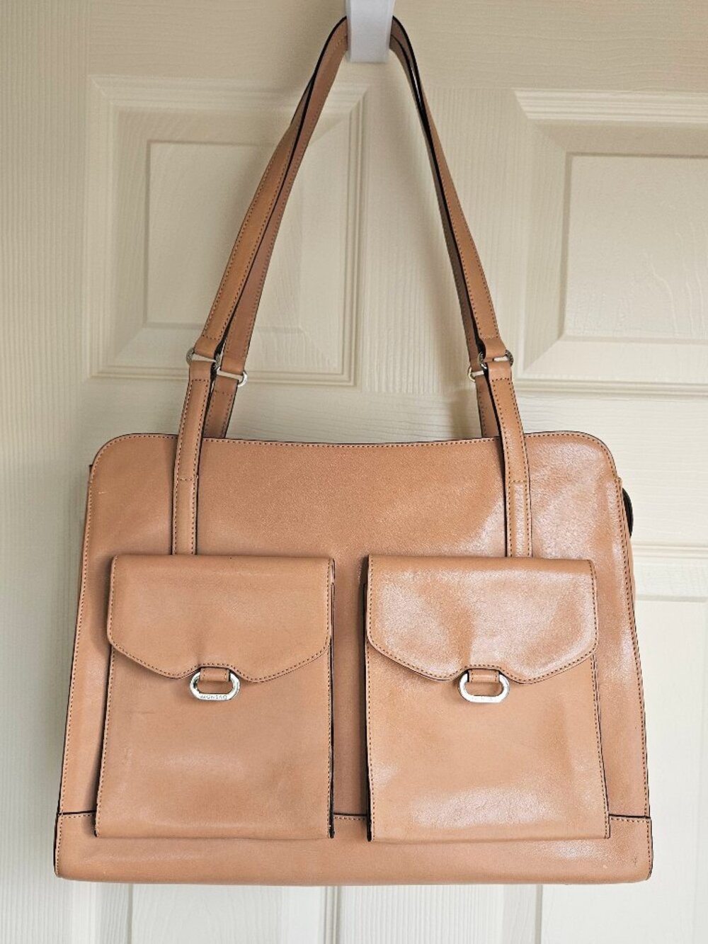 Vintage Monsac Tan Leather Two Flap Pocket Shoulder Tote Bag